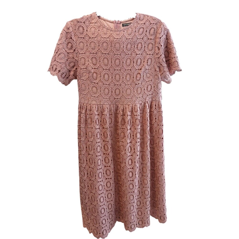Mikarose Small Semi-Formal Dress Lined Pink Lace Overlay Short Sleeve No Slit